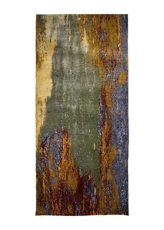 Oriental Rug Indian Handmade Runner Transitional Modern 3'11"x18'1" (4x18) Green Yellow/Gold Purple Abstract Splatter Design #A32305