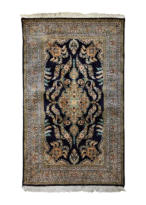 Oriental Rug Kashmiri Handmade Area Traditional 2'7"x4'3" (3x4) Green Black Floral Design #A34210