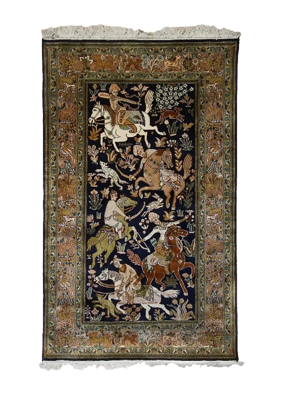 Oriental Rug Kashmiri Handmade Area Traditional 2'7"x4'2" (3x4) Green Orange Black Hunting Scene Design #A34205