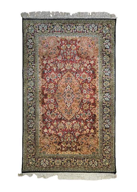 Oriental Rug Kashmiri Handmade Area Traditional 2'7"x4'2" (3x4) Green Red Floral Design #A34206