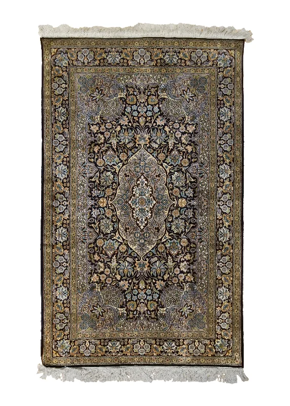 Oriental Rug Kashmiri Handmade Area Traditional 2'6"x4'1" (3x4) Yellow/Gold Black Floral Design #A34208