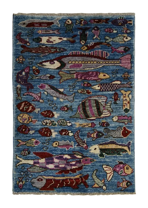 Oriental Rug Pakistani Handmade Area Transitional 2'1"x3'0" (2x3) Blue Multi-color Animals Pictorial Gabbeh Design #A34175