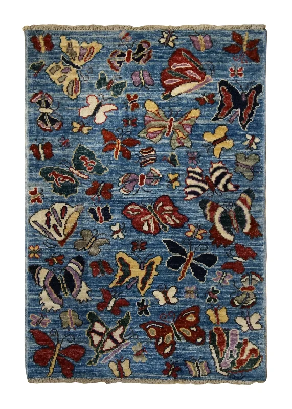 Oriental Rug Pakistani Handmade Area Transitional 2'1"x3'1" (2x3) Blue Multi-color Animals Pictorial Gabbeh Design #A34177