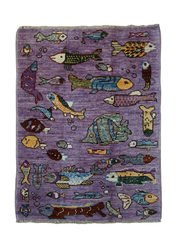 Oriental Rug Pakistani Handmade Area Transitional 2'0"x3'1" (2x3) Purple Multi-color Animals Pictorial Gabbeh Design #A34171