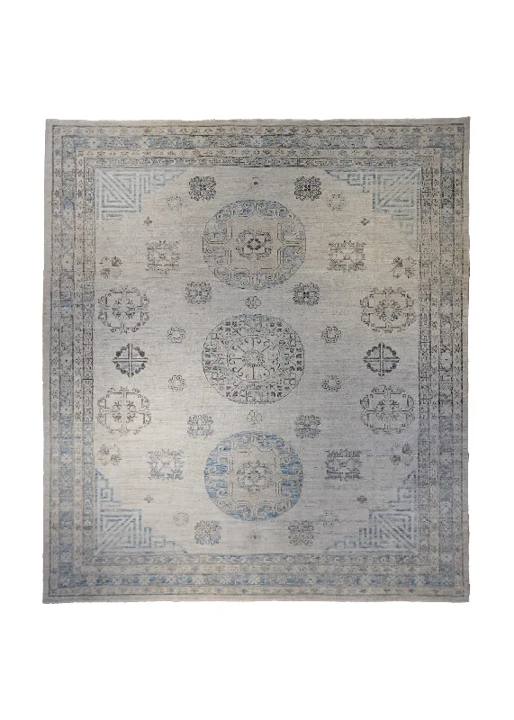 Oriental Rug Pakistani Handmade Area Transitional Neutral 8'5"x9'8" (8x10) Whites/Beige Blue Silver Wash Distressed Khotan Design #A34379