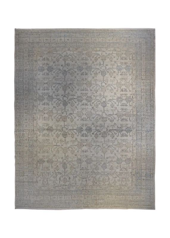 Oriental Rug Pakistani Handmade Area Transitional Neutral 9'3"x11'3" (9x11) Whites/Beige Blue Geometric Pomegranate Distressed Khotan Design #A34382