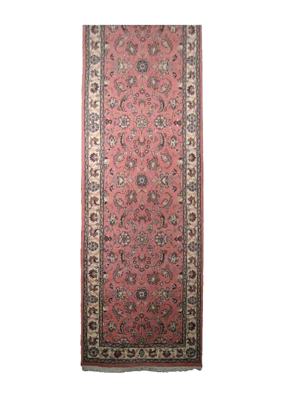 Oriental Rug Pakistani Handmade Runner Traditional 2'7"x10'9" (3x11) Pink Whites/Beige Kashan Floral Design #A20477