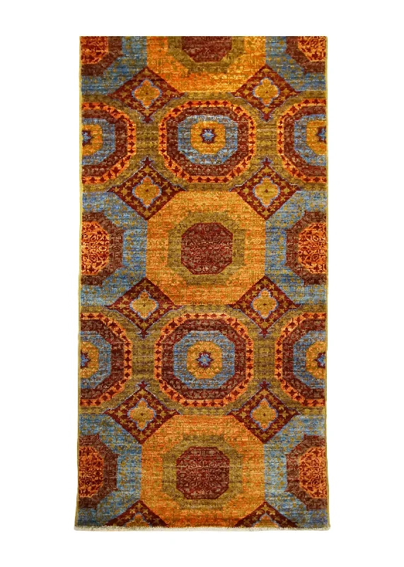 Oriental Rug Pakistani Handmade Runner Transitional 2'7"x9'7" (3x10) Blue Orange Ariana Mamluk Geometric Design #A32907