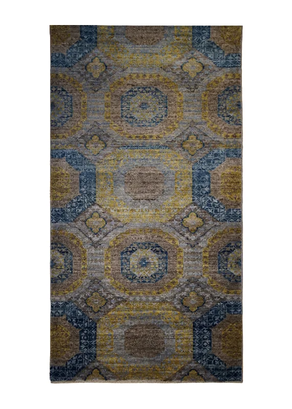 Oriental Rug Pakistani Handmade Runner Transitional 2'9"x9'9" (3x10) Gray Blue Yellow/Gold Ariana Mamluk Geometric Design #A32906