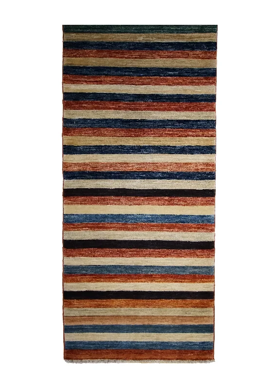 Oriental Rug Pakistani Handmade Runner Transitional 2'9"x9'6" (3x10) Multi-color Red Blue Gabbeh Stripes Design #A32636