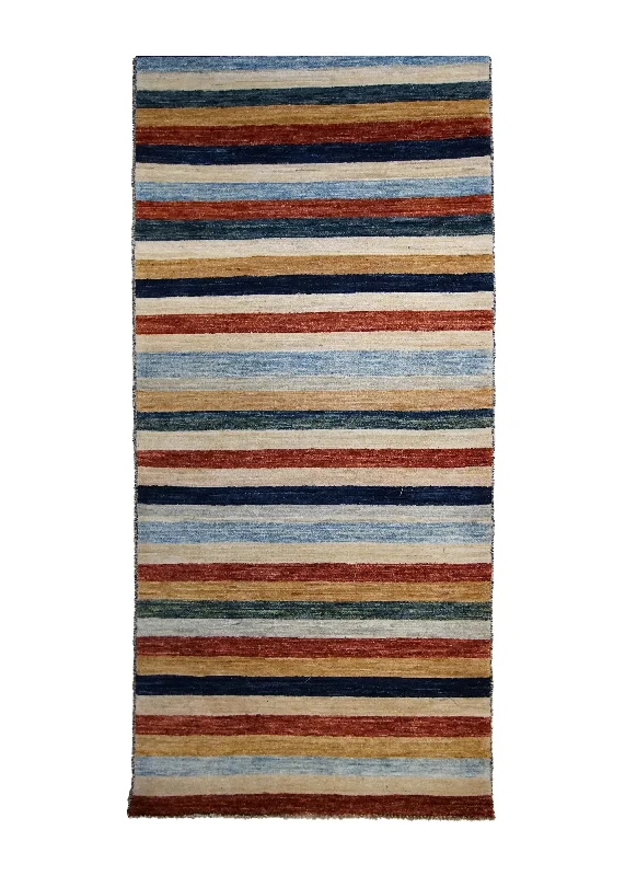 Oriental Rug Pakistani Handmade Runner Transitional 2'10"x9'8" (3x10) Multi-color Red Blue Gabbeh Stripes Design #A32639