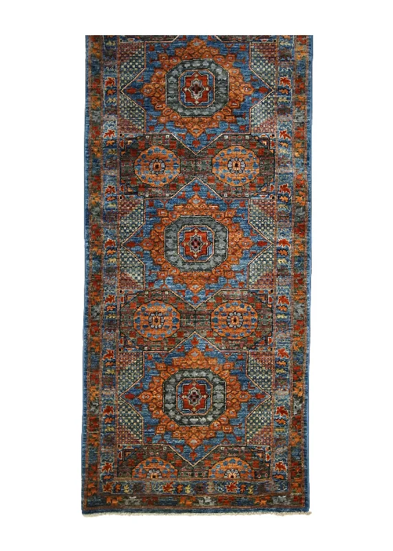 Oriental Rug Pakistani Handmade Runner Transitional 2'6"x5'10" (3x6) Blue Orange Mamluk Geometric Design #A32180