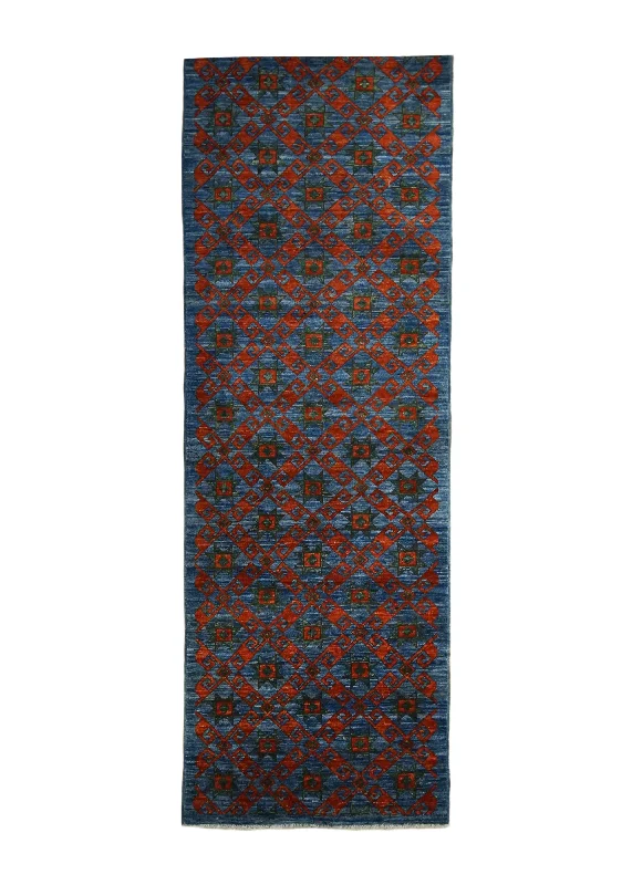 Oriental Rug Pakistani Handmade Runner Transitional 2'9"x8'0" (3x8) Blue Red Gabbeh Geometric Design #A33094