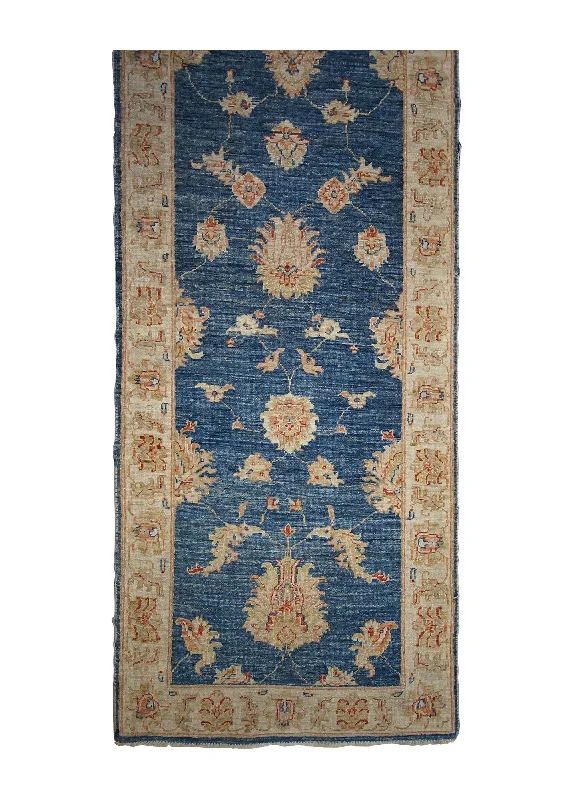 Oriental Rug Pakistani Handmade Runner Transitional 2'6"x8'2" (3x8) Blue Whites/Beige Antique Washed Floral Oushak Design #A32324