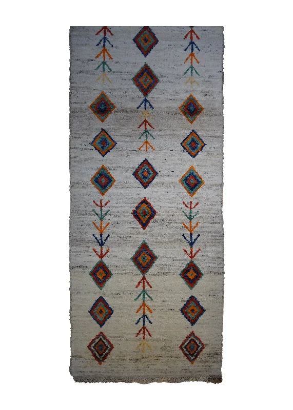 Oriental Rug Pakistani Handmade Runner Transitional 2'10"x8'8" (3x9) Whites/Beige Multi-color Moroccan Tree of Life Geometric Open Design #A32233