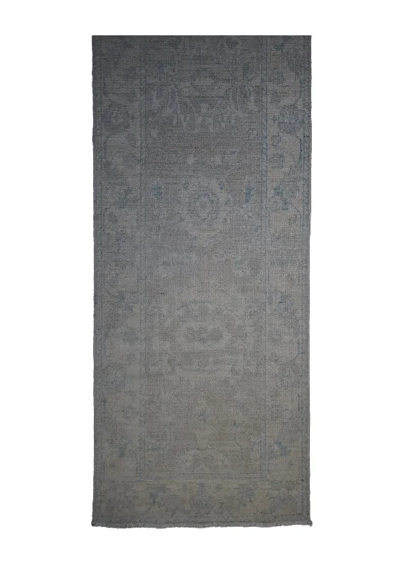 Oriental Rug Pakistani Handmade Runner Transitional Neutral 2'1"x12'10" (2x13) Whites/Beige Blue Silver Wash Oushak Floral Design #A32822