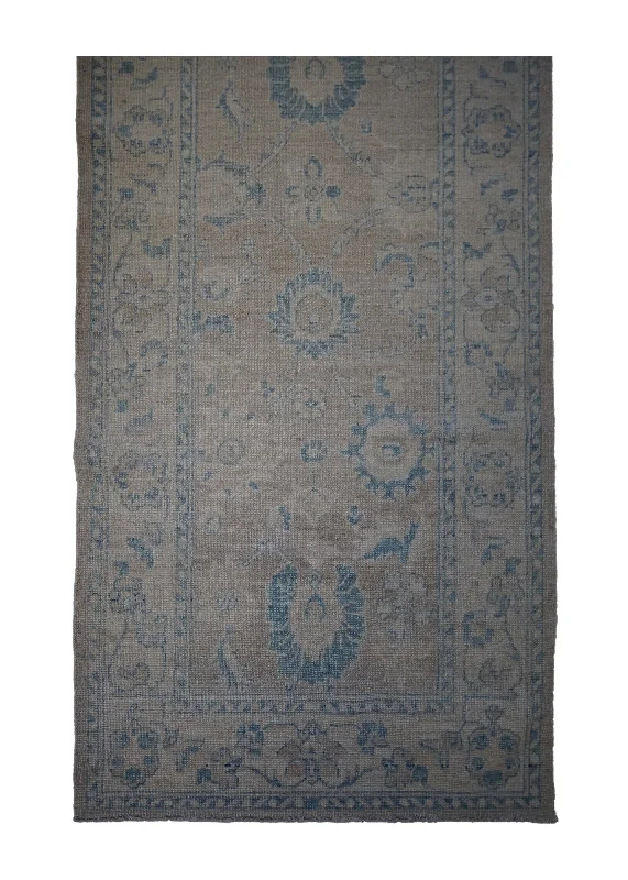 Oriental Rug Pakistani Handmade Runner Transitional Neutral 3'3"x9'10" (3x10) Whites/Beige Blue Silver Wash Oushak Floral Design #A32820