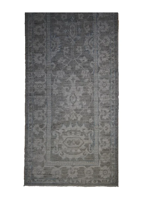 Oriental Rug Pakistani Handmade Runner Transitional Neutral 2'10"x7'1" (3x7) Gray Whites/Beige Silver Wash Oushak Floral Design #A32824