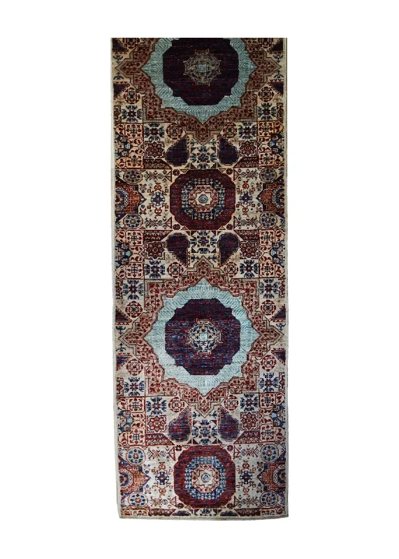 Oriental Rug Pakistani Handmade Runner Transitional Tribal 2'5"x17'4" (2x17) Whites/Beige Blue Red Mamluk Geometric Design #A33379