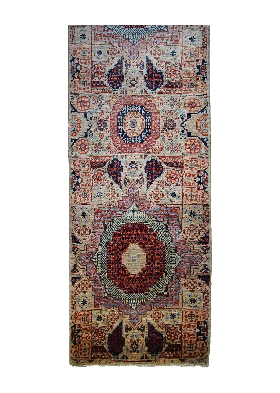 Oriental Rug Pakistani Handmade Runner Transitional Tribal 2'4"x20'10" (2x21) Whites/Beige Red Mamluk Geometric Design #A32481