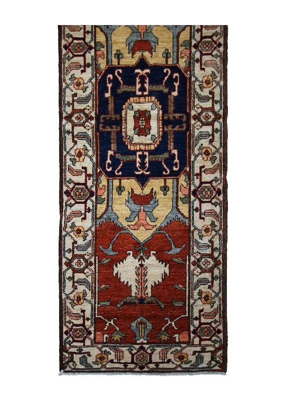 Oriental Rug Pakistani Handmade Runner Transitional Tribal 2'3"x6'8" (2x7) Red Whites/Beige Blue Serapi Geometric Design #A32858