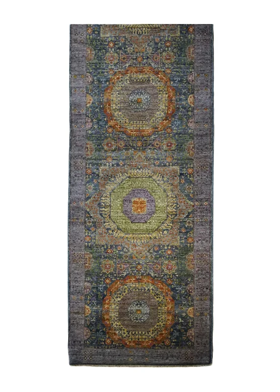 Oriental Rug Pakistani Handmade Runner Transitional Tribal 2'8"x9'7" (3x10) Green Blue Mamluk Geometric Nooristan Design #A33803