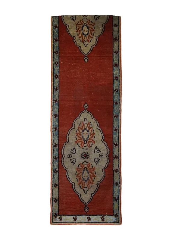 Oriental Rug Turkish Handmade Runner Tribal 1'5"x10'6" (1x11) Red Whites/Beige Geometric Open Field Design #A33370