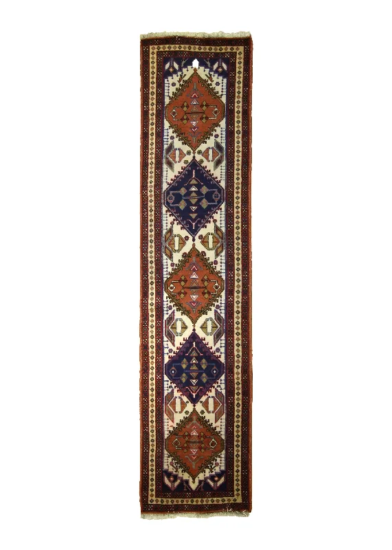 Persian Rug Azerbaijan Handmade Runner Tribal 2'4"x9'9" (2x10) Whites/Beige Red Orange Geometric Design #A20931