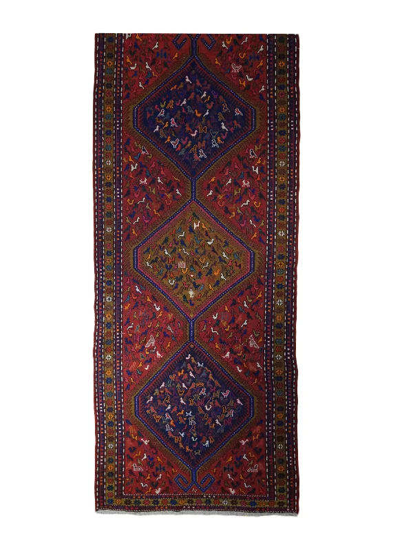 Persian Rug Azerbaijan Handmade Runner Tribal 3'9"x10'1" (4x10) Red Brown Blue Kilim Geometric Animals Design #A32347