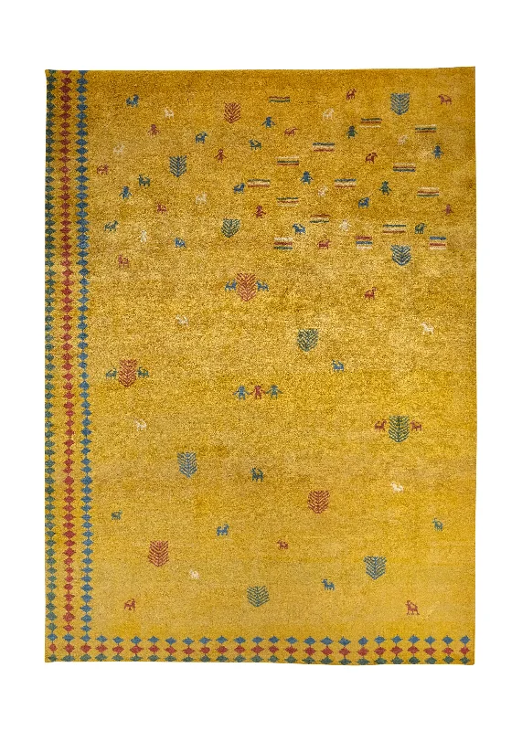 Persian Rug Gabbeh Handmade Area Tribal 7'6"x10'5" (8x10) Yellow/Gold Pictorial Design #30764