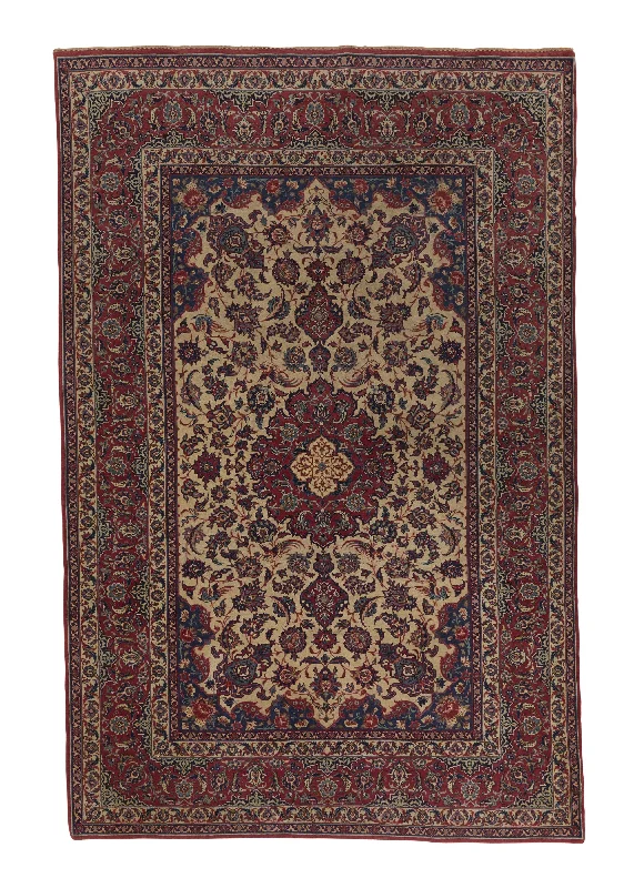 Persian Rug Isfahan Handmade Area Antique Traditional 5'0"x7'0" (5x7) Red Whites/Beige Floral Design #271