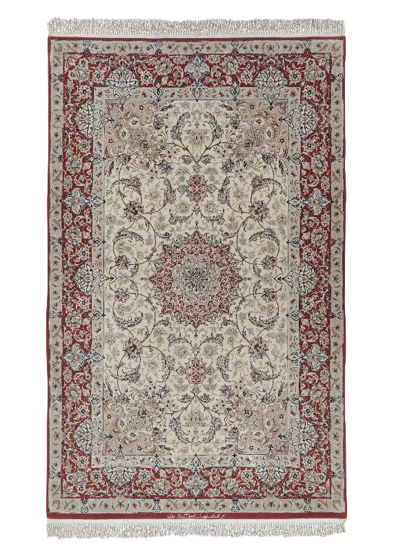 Persian Rug Isfahan Handmade Area Traditional 4'2"x6'9" (4x7) Red Whites/Beige Floral Zarean Design #34647