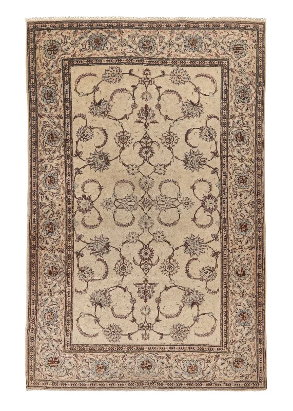 Persian Rug Kashan Handmade Area Traditional 4'5"x6'9" (4x7) Brown Whites/Beige Shah Abbasi Design #31947