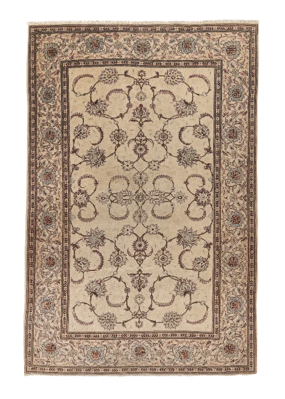 Persian Rug Kashan Handmade Area Traditional 4'5"x6'11" (4x7) Brown Whites/Beige Shah Abbasi Design #31948