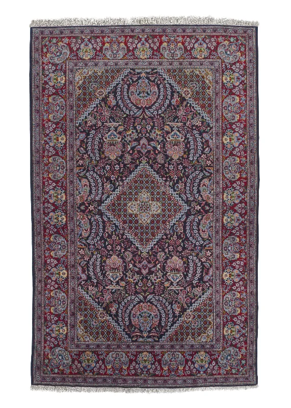 Persian Rug Kashan Handmade Area Traditional 4'6"x7'1" (5x7) Blue Red Hajikhanomi Floral Vase Design #35536