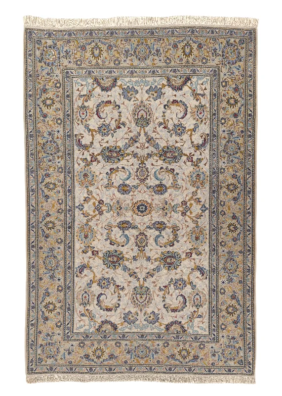 Persian Rug Kashan Handmade Area Traditional 4'7"x6'10" (5x7) Blue Whites/Beige Yellow/Gold Shah Abbasi Floral Design #33042