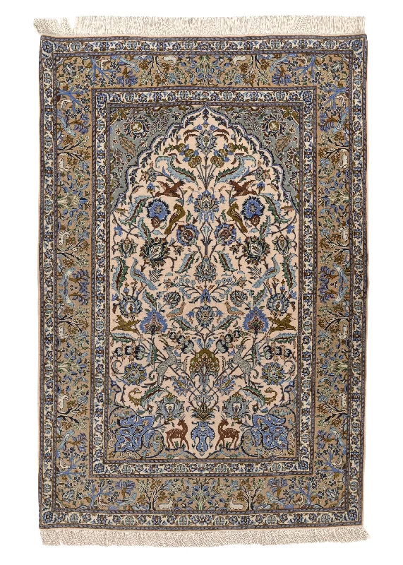 Persian Rug Kashan Handmade Area Traditional 4'11"x7'6" (5x8) Green Blue Whites/Beige Tree of Life Animals Design #34283