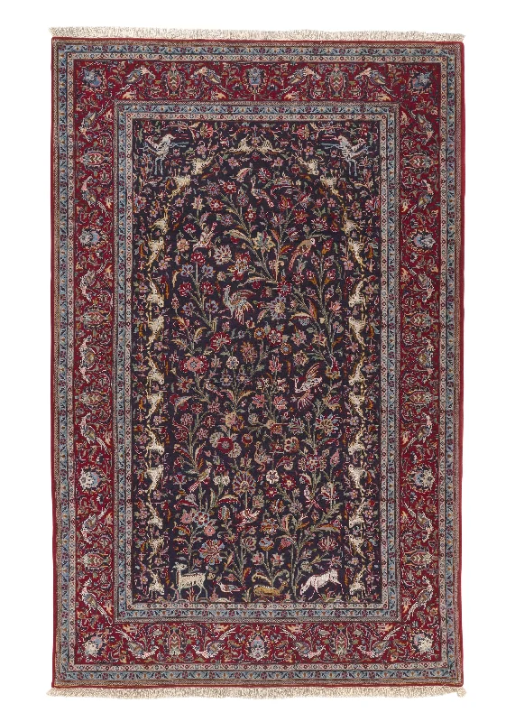 Persian Rug Kashan Handmade Area Traditional 4'8"x7'5" (5x7) Red Blue Tree of Life Animals Floral Design #30543