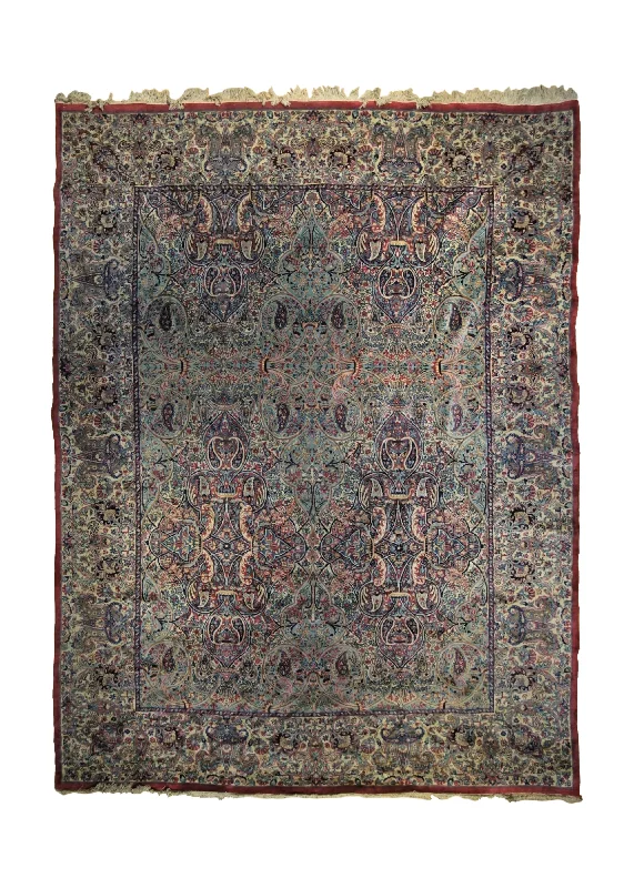 Persian Rug Kerman Handmade Area Antique Traditional 8'9"x11'10" (9x12) Green Purple Floral Design #A34192