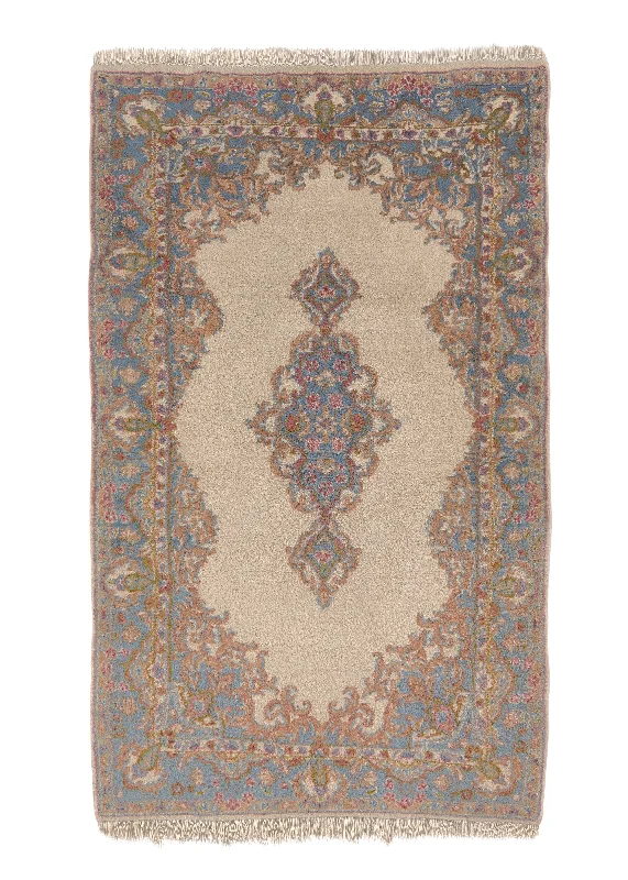 Persian Rug Kerman Handmade Area Traditional 4'3"x7'0" (4x7) Whites/Beige Blue Open Field Design #25446