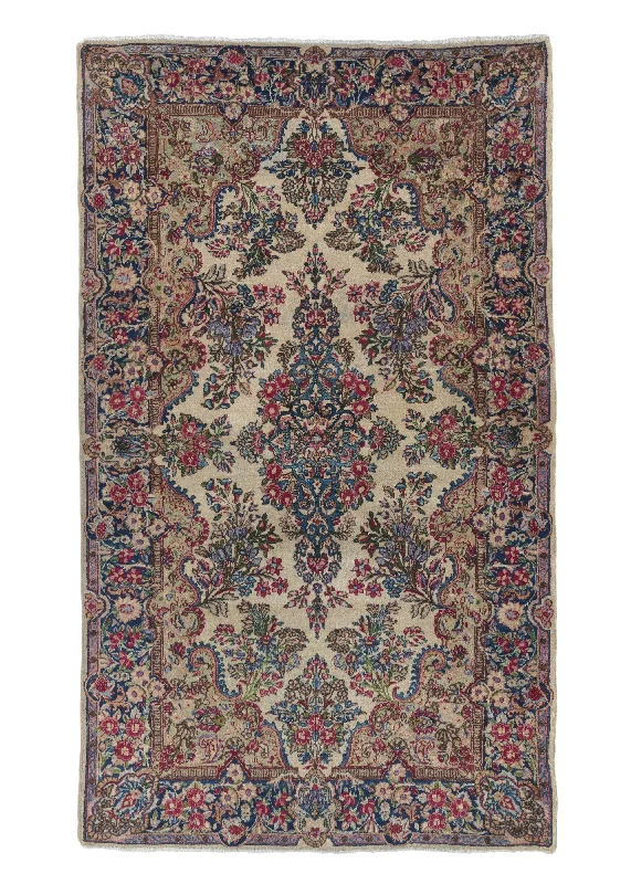 Persian Rug Kerman Handmade Area Traditional 4'2"x7'0" (4x7) Whites/Beige Pink Floral Design #35526