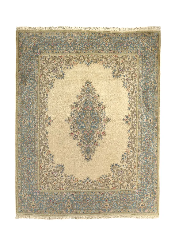 Persian Rug Kerman Handmade Area Traditional 8'2"x10'1" (8x10) Whites/Beige Blue Open Field Floral Design #32529