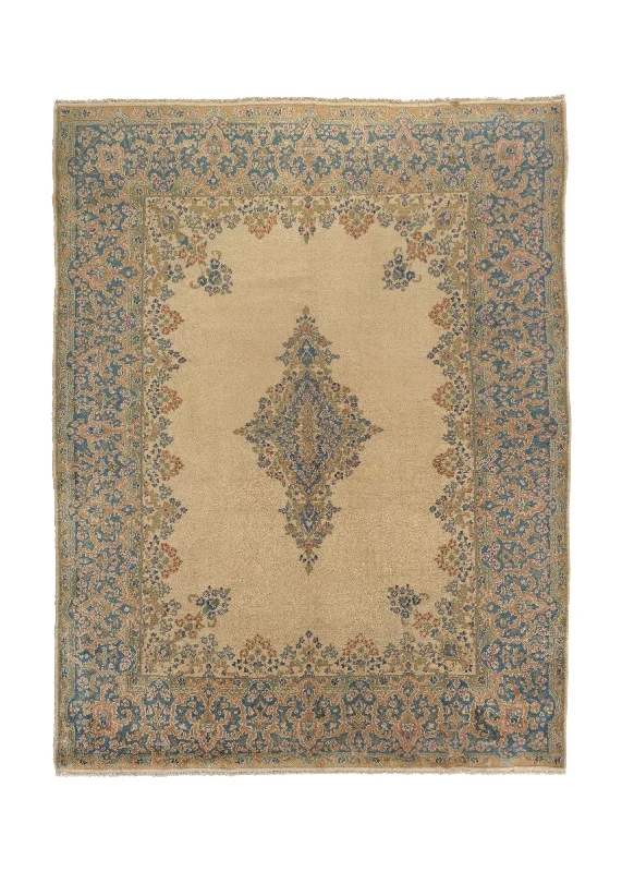 Persian Rug Kerman Handmade Area Traditional 8'10"x11'8" (9x12) Whites/Beige Blue Open Field Floral Design #33394