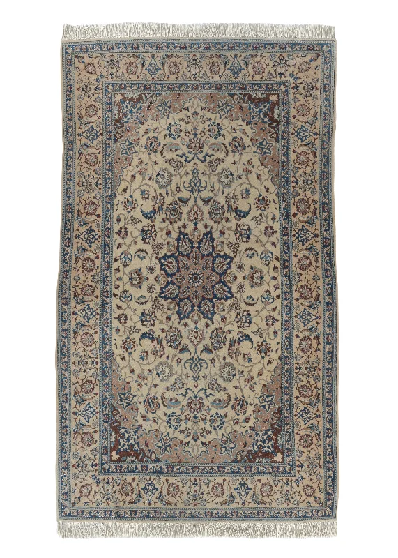 Persian Rug Nain Handmade Area Traditional 3'9"x6'7" (4x7) Whites/Beige Blue Floral Design #34282