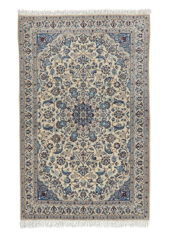 Persian Rug Nain Handmade Area Traditional 4'2"x6'9" (4x7) Blue Whites/Beige Floral Design #35180