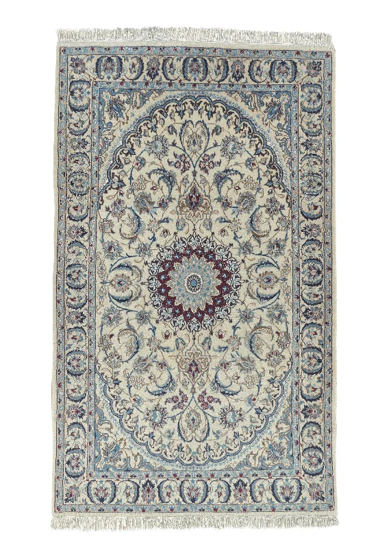 Persian Rug Nain Handmade Area Traditional 4'1"x6'10" (4x7) Whites/Beige Blue Floral Design #35181