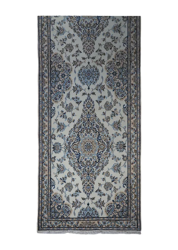 Persian Rug Nain Handmade Runner Traditional 3'1"x12'4" (3x12) Whites/Beige Blue Habibian Family Floral Design #A32327