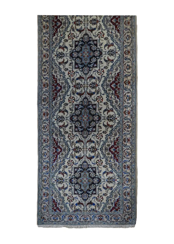 Persian Rug Nain Handmade Runner Traditional 3'2"x12'8" (3x13) Whites/Beige Blue Floral Design #A32326