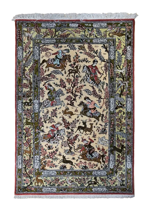 Persian Rug Qum Handmade Area Traditional 3'4"x4'10" (3x5) Whites/Beige Green Pictorial Hunting Scene Design #A34365