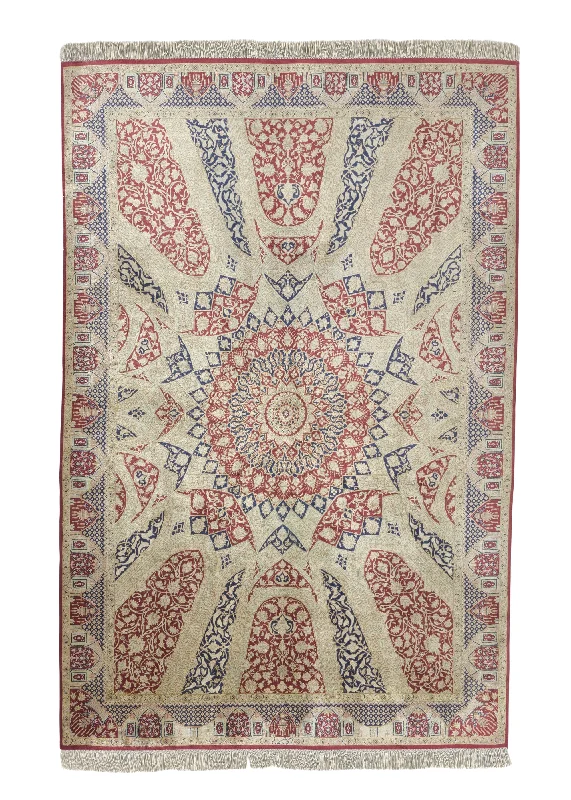 Persian Rug Qum Handmade Area Traditional Traditional 4'1"x6'3" (4x6) Red Yellow/Gold Blue Dome Design #34765